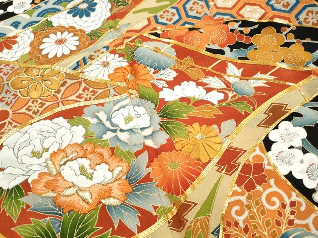 平和屋着物■豪華黒留袖 駒刺繍 枝梅牡丹文 金彩 正絹 逸品 DABI1848qa