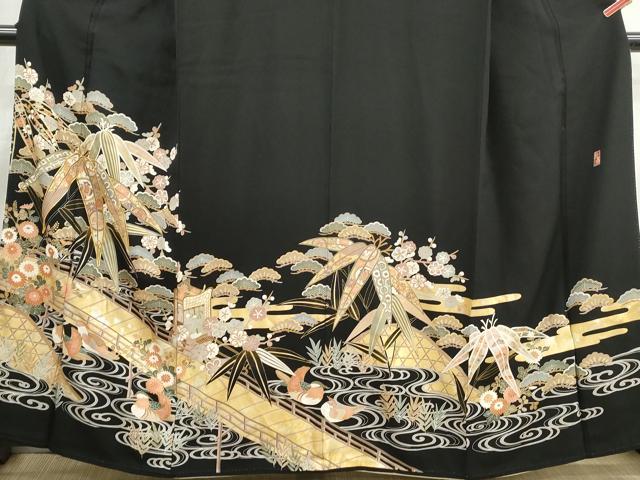 平和屋着物■豪華黒留袖 駒刺繍 渡橋鴛鴦花文 松竹梅 笹の葉 松寿 金彩 正絹 逸品 DABI1850qa