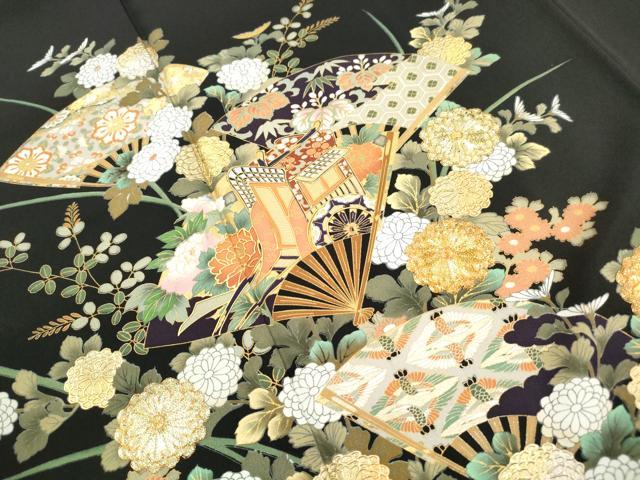 平和屋着物■豪華黒留袖 駒刺繍 扇面御所車花文 金彩 正絹 逸品 DABI1855qa