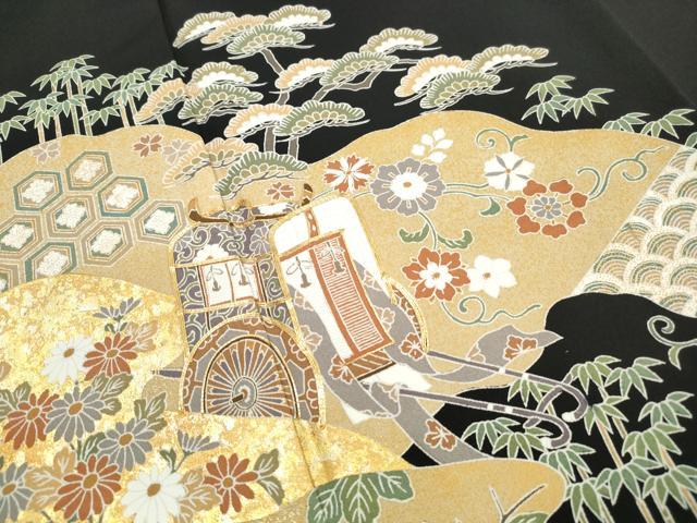 平和屋着物■豪華黒留袖 駒刺繍 御所車花文 松竹梅 金銀彩 正絹 逸品 DABI1862qa