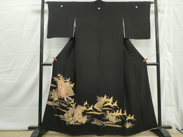 平和屋着物■豪華黒留袖 駒刺繍 御所車飛鶴花文 金彩 正絹 逸品 DABI1865qa