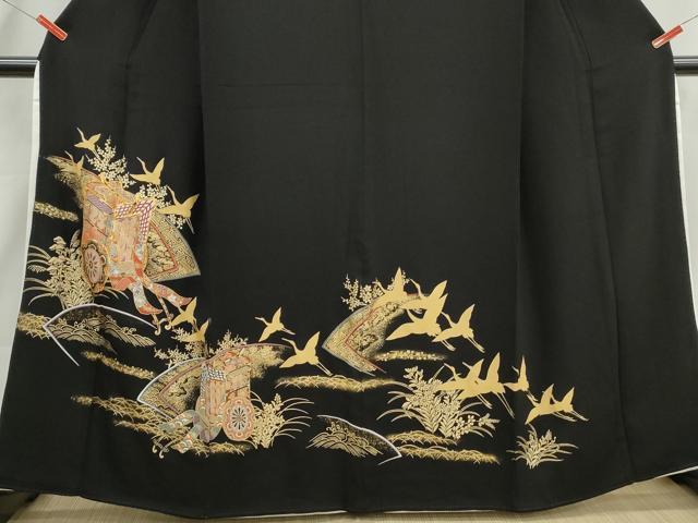 平和屋着物■豪華黒留袖 駒刺繍 御所車飛鶴花文 金彩 正絹 逸品 DABI1865qa