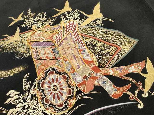 平和屋着物■豪華黒留袖 駒刺繍 御所車飛鶴花文 金彩 正絹 逸品 DABI1865qa