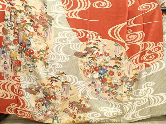 平和屋着物■豪華振袖 駒刺繍 流水飛鶴花文 松竹梅 金彩 正絹 逸品 DABI1871qa