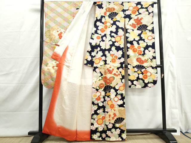 平和屋着物■豪華振袖 駒刺繍 扇面菊尽くし文 笹竹 金彩 正絹 逸品 DABI1873qa