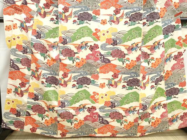平和屋着物■豪華振袖 型染め 流水花鳥文 正絹 逸品 DABI1881qa