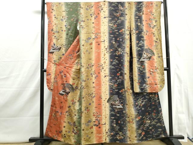 平和屋着物■豪華振袖 扇面花蝶文 暈し染め 金彩 正絹 逸品 DABI1900qa