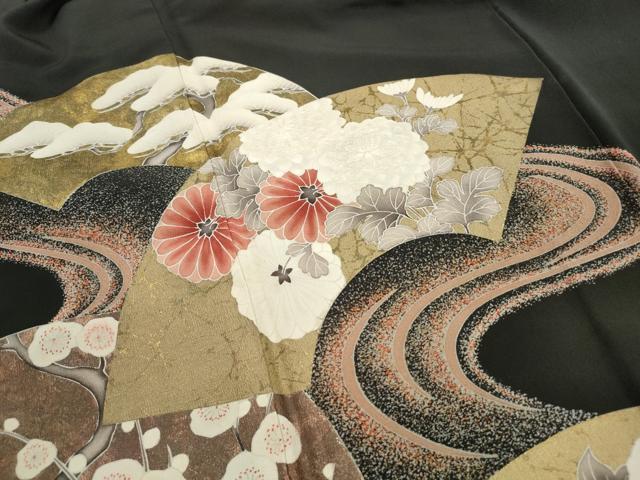 平和屋着物■豪華黒留袖 刺繍 流水地紙花松文 金彩 正絹 逸品 DABI1911qa