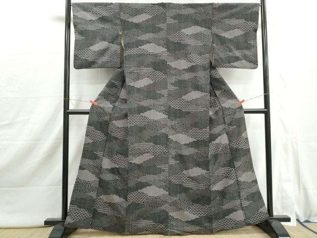 平和屋着物■小紋 切嵌花文 黒地 洗える着物 DABI1933qa