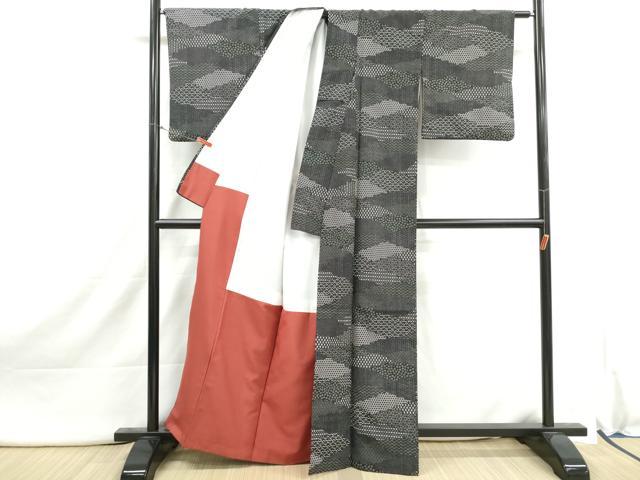 平和屋着物■小紋 切嵌花文 黒地 洗える着物 DABI1933qa