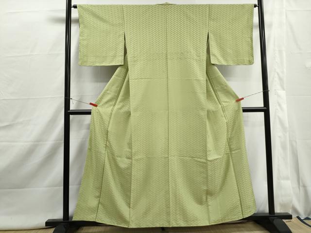 平和屋着物■色無地 檜垣地紋 若葉色 背抜き仕立て 洗える着物 DABI1997qa