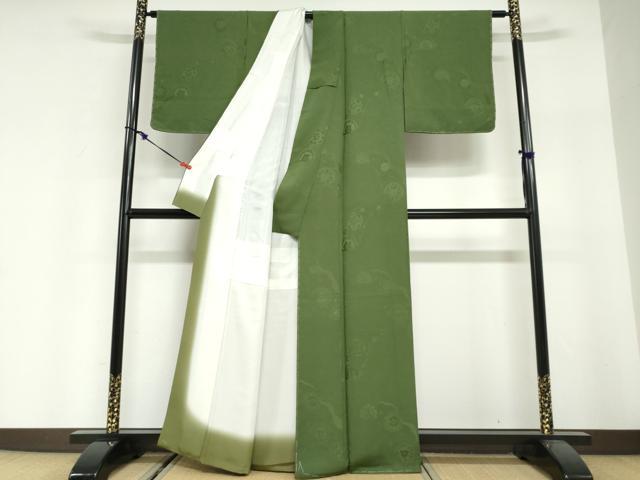 平和屋着物●上質な色無地 流水洋花地紋 苔色 正絹 逸品 未使用 DABI2005ud