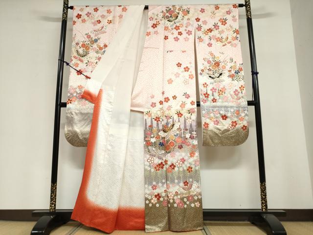 平和屋着物●豪華振袖 駒刺繍 花蝶文 暈し染め 金彩 正絹 逸品 DABI2031ud
