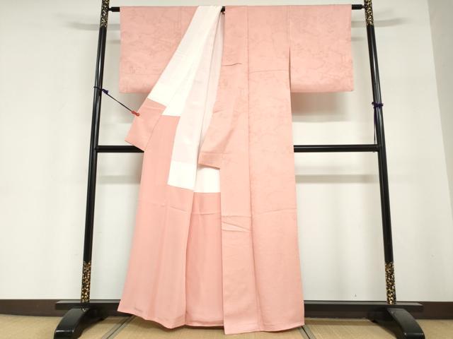 平和屋着物●上質な色無地 平安御所車人物風景地紋 桃色 正絹 逸品 DABI2053ud