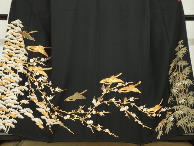 平和屋着物●豪華黒留袖 駒刺繍 飛鶴花文 金彩 正絹 逸品 DABI2093ud