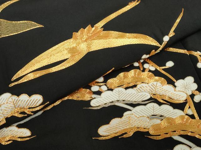平和屋着物●豪華黒留袖 駒刺繍 飛鶴花文 金彩 正絹 逸品 DABI2093ud