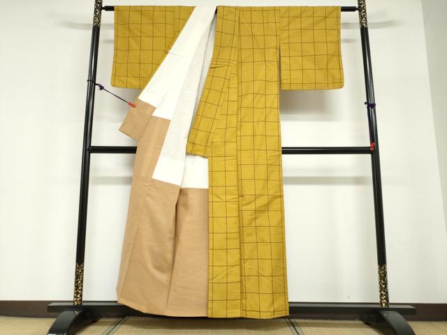 平和屋着物●黄八丈 綾織 格子 正絹 逸品 DABI2095ud