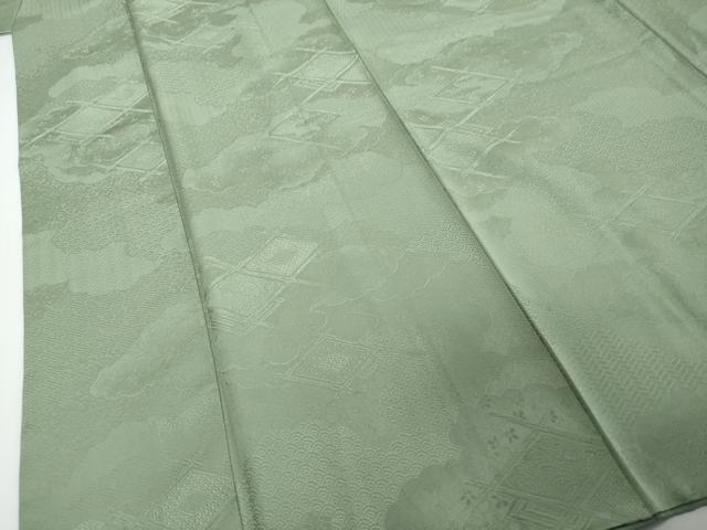 平和屋着物●上質な色無地 雲霞菱地紋 山葵色 正絹 逸品 DABI2109ud
