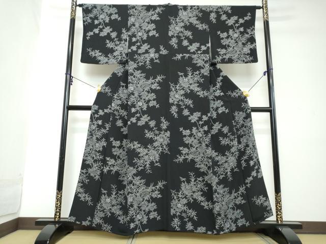 平和屋着物●上質な小紋 絞り 枝花文 黒地 正絹 逸品 DABI2149ud