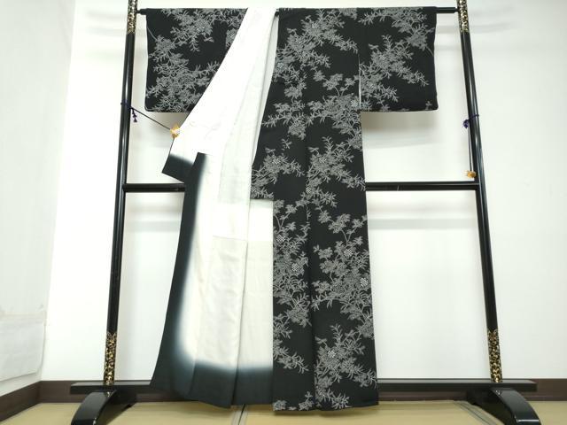平和屋着物●上質な小紋 絞り 枝花文 黒地 正絹 逸品 DABI2149ud