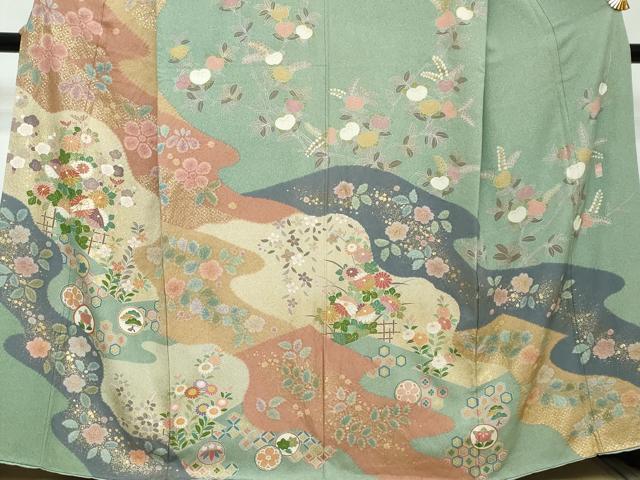 平和屋着物●訪問着 作家物 駒刺繍 流水吉祥草花文 金彩 三越扱い 正絹 逸品 DABI2172ud