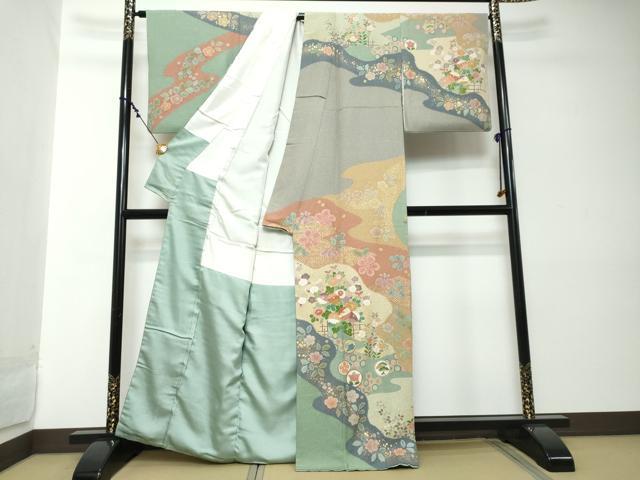 平和屋着物●訪問着 作家物 駒刺繍 流水吉祥草花文 金彩 三越扱い 正絹 逸品 DABI2172ud