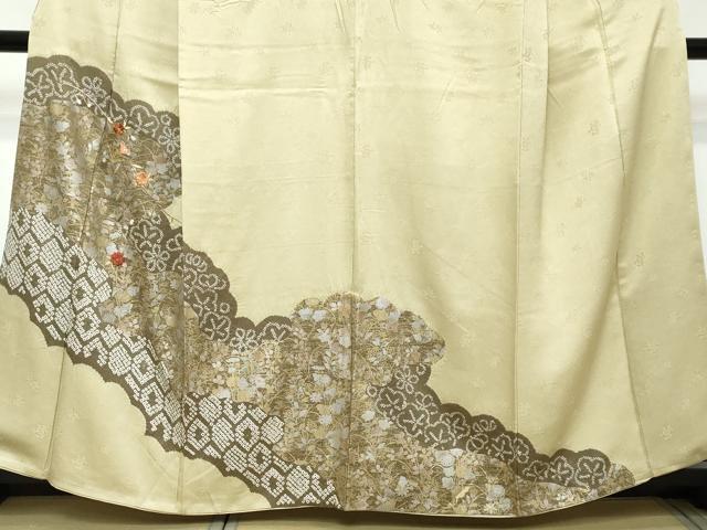 平和屋着物●訪問着 駒刺繍 絞り 扇面草花文 金銀彩 正絹 逸品 DABI2177ud
