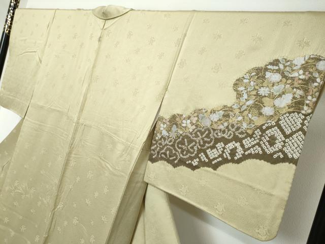 平和屋着物●訪問着 駒刺繍 絞り 扇面草花文 金銀彩 正絹 逸品 DABI2177ud