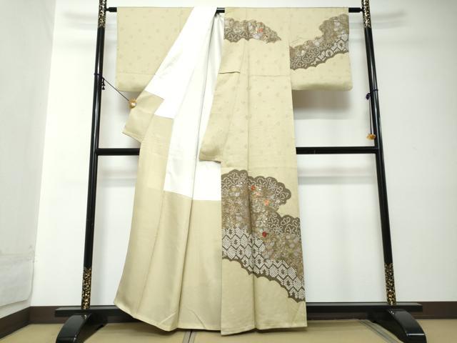 平和屋着物●訪問着 駒刺繍 絞り 扇面草花文 金銀彩 正絹 逸品 DABI2177ud