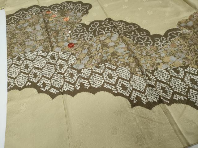 平和屋着物●訪問着 駒刺繍 絞り 扇面草花文 金銀彩 正絹 逸品 DABI2177ud