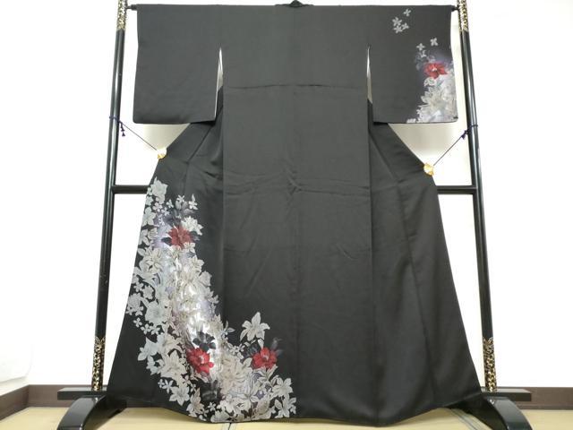 平和屋着物●訪問着 手描き 草花文 黒地 正絹 逸品 DABI2203ud