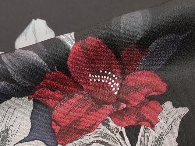 平和屋着物●訪問着 手描き 草花文 黒地 正絹 逸品 DABI2203ud