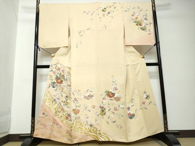 平和屋着物●訪問着 駒刺繍 流水雪輪草花文 暈し染め 金彩 正絹 逸品 未使用 DABI2225ud