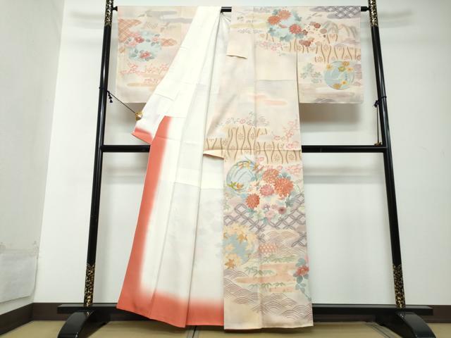 平和屋着物●訪問着 刺繍 流水草花文 暈し染め 金彩 正絹 逸品 DABI2262ud