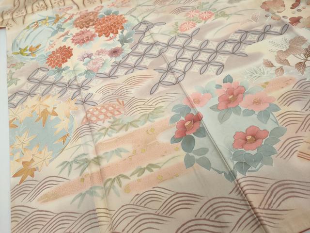 平和屋着物●訪問着 刺繍 流水草花文 暈し染め 金彩 正絹 逸品 DABI2262ud