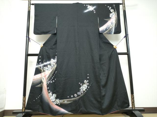平和屋着物●訪問着 孔雀花文 暈し染め 黒地 金銀彩 正絹 逸品 DABI2302ud