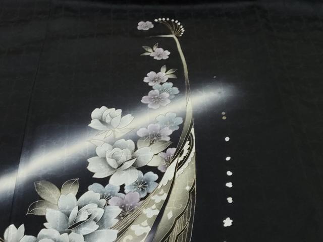 平和屋着物●訪問着 孔雀花文 暈し染め 黒地 金銀彩 正絹 逸品 DABI2302ud