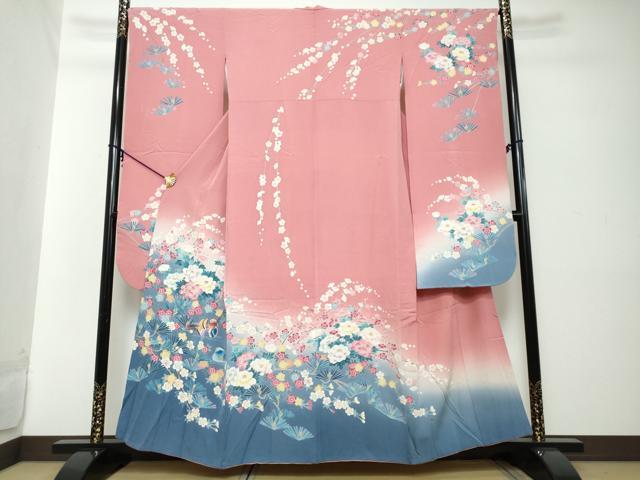 平和屋着物●豪華振袖 友禅 作家物 鴛鴦草花文 暈し染め 京都きもの友禅扱い 正絹 逸品 DABI2304ud