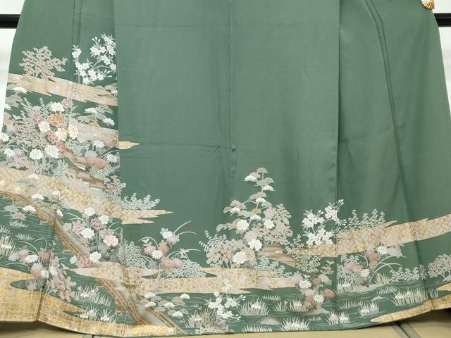 平和屋着物●訪問着 駒刺繍 渡橋風景草花文 金銀彩 正絹 逸品 DABI2311ud