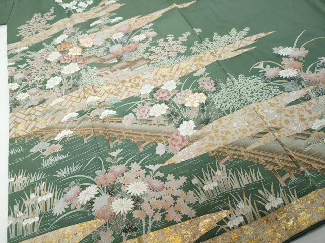 平和屋着物●訪問着 駒刺繍 渡橋風景草花文 金銀彩 正絹 逸品 DABI2311ud