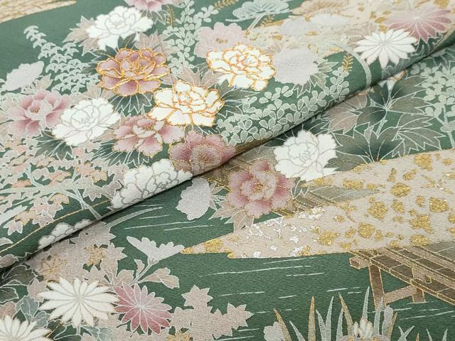 平和屋着物●訪問着 駒刺繍 渡橋風景草花文 金銀彩 正絹 逸品 DABI2311ud