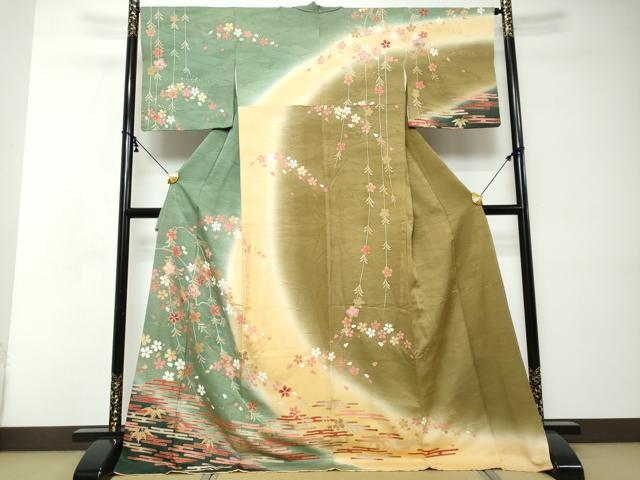 平和屋着物●訪問着 エ霞草花文 暈し染め 金彩 ロング丈 正絹 逸品 DABI2313ud