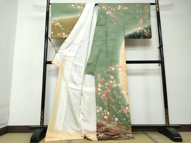 平和屋着物●訪問着 エ霞草花文 暈し染め 金彩 ロング丈 正絹 逸品 DABI2313ud