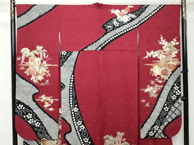 平和屋着物●豪華振袖 絞り 刺繍 女人御所車草花文 金彩 正絹 逸品 DABI2317ud
