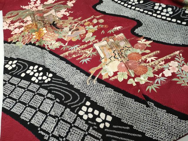 平和屋着物●豪華振袖 絞り 刺繍 女人御所車草花文 金彩 正絹 逸品 DABI2317ud