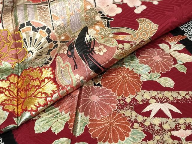 平和屋着物●豪華振袖 絞り 刺繍 女人御所車草花文 金彩 正絹 逸品 DABI2317ud