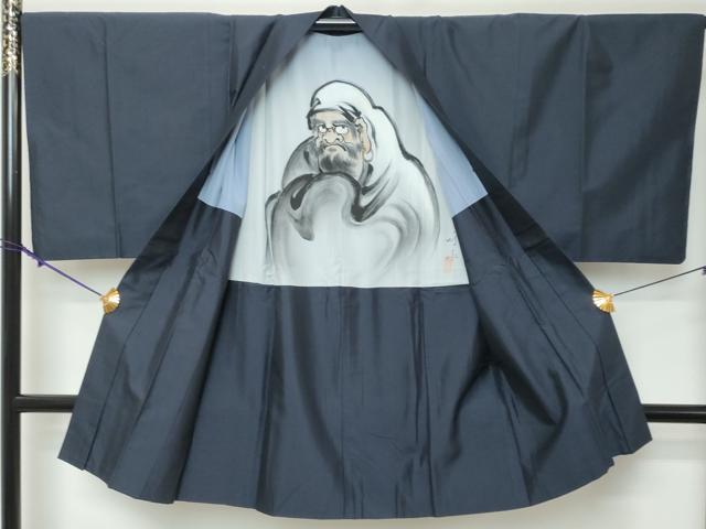 平和屋着物●男性 紬 アンサンブル 長羽織 鉄紺色 反端付き キングサイズ 正絹 逸品 DABI2343ud