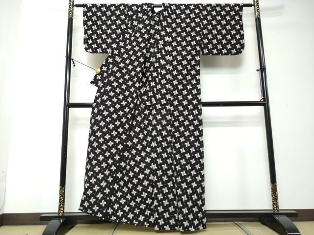 平和屋着物●久留米絣 単衣 幾何学文様 黒地 綿 逸品 DABI2360ud