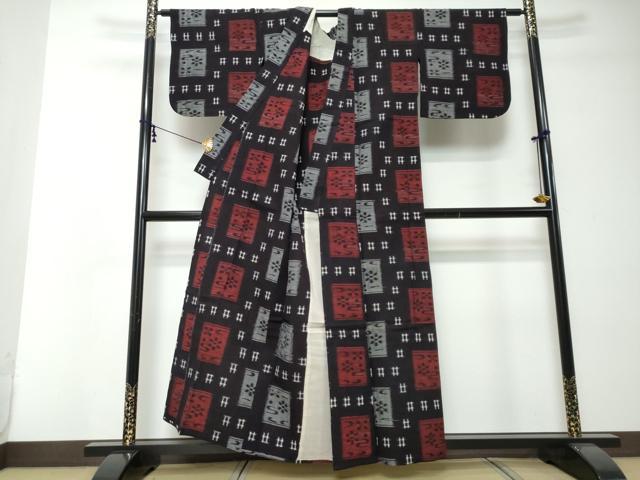 平和屋着物●久留米絣 単衣 格子花文 綿 逸品 DABI2367ud
