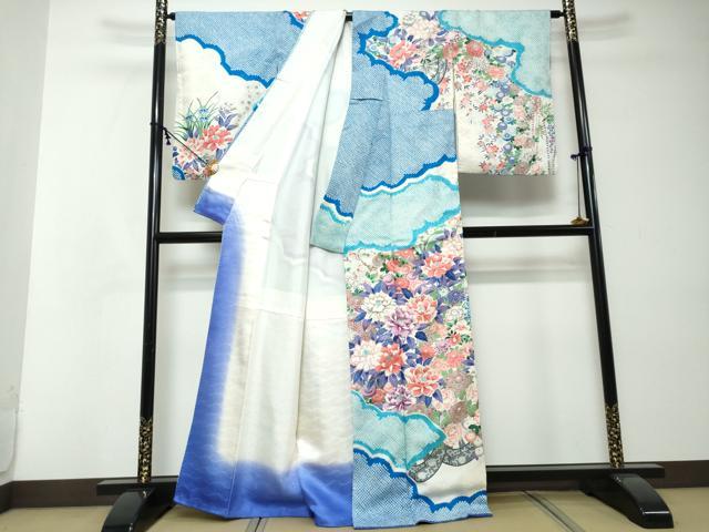 平和屋着物●訪問着 絞り 雲取花車文 銀彩 正絹 逸品 DABI2381ud